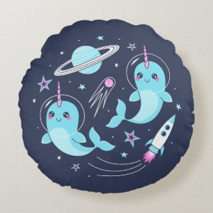 Space Narwhals Round Pillow