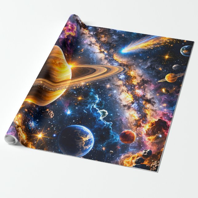 Space nebula and planets premium wrapping paper (Unrolled)