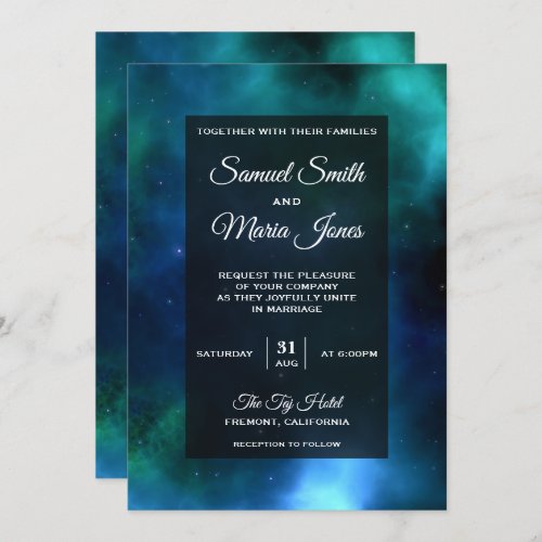 Space Nebula Blue Green Galaxy Wedding Invitation