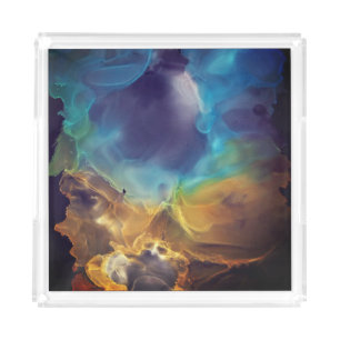 Space Nebula blue yellow Alcohol ink art Acrylic Tray