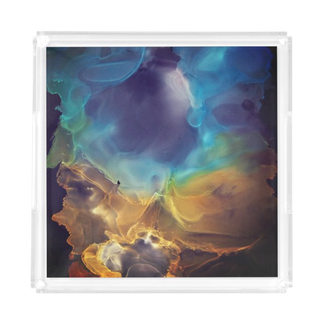 Space Nebula blue yellow Alcohol ink art Acrylic Tray (Front)