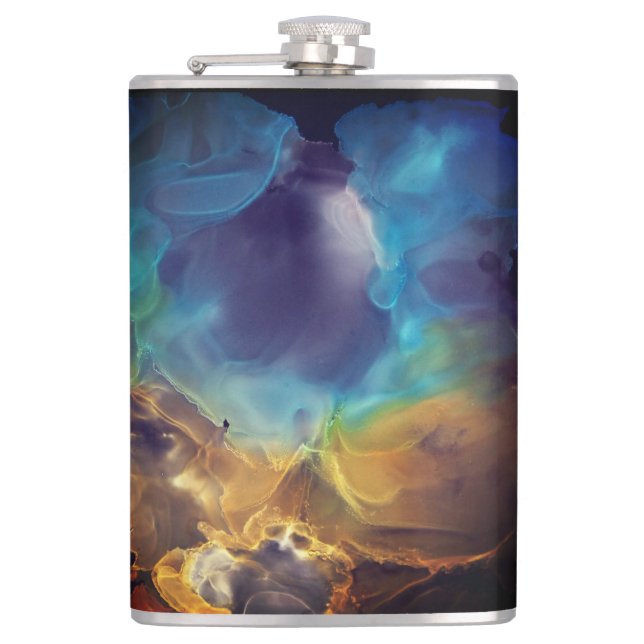 Space Nebula blue yellow Alcohol ink art  Flask (Front)