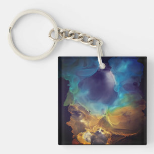 Space Nebula blue yellow Alcohol ink art Keychain