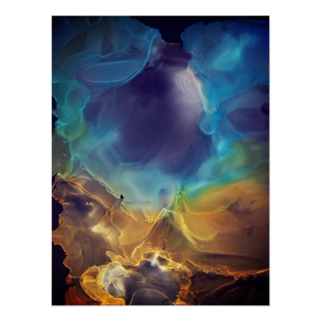 Space Nebula blue yellow Alcohol ink art  Poster (Front)