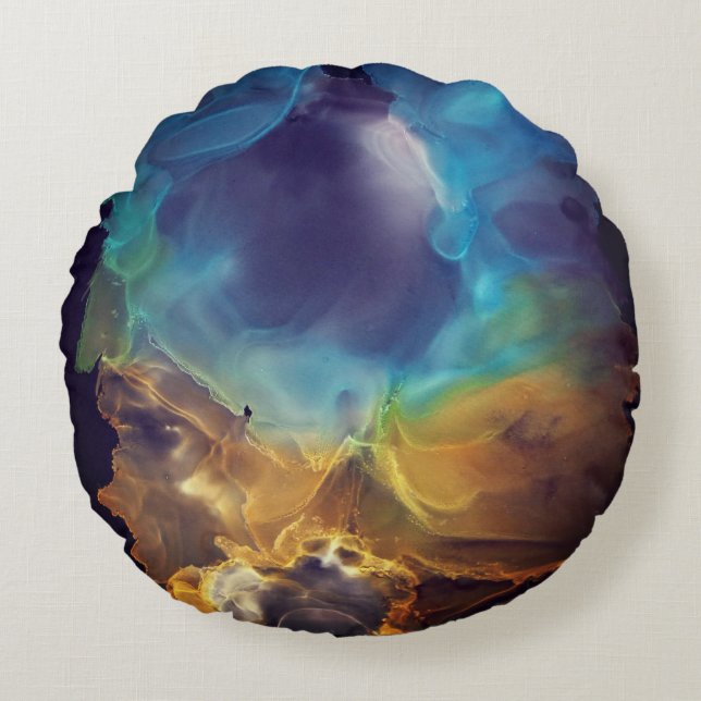 Space Nebula blue yellow Alcohol ink art    Round Pillow (Front)