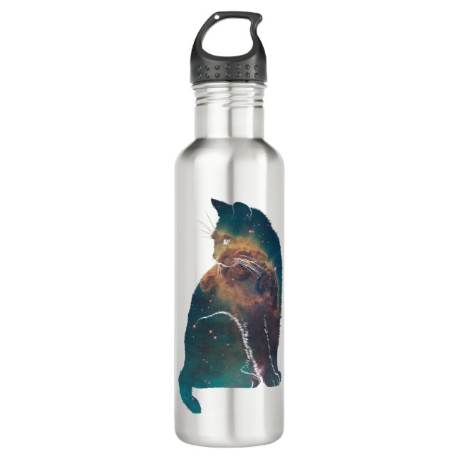 Space Nebula Cat Stainless Steel Water Bottle (Front)