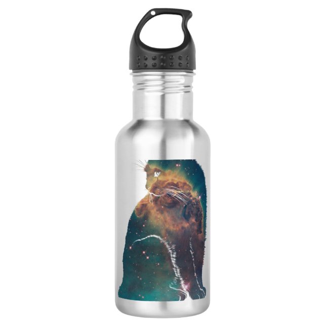 Space Nebula Cat Stainless Steel Water Bottle (Front)