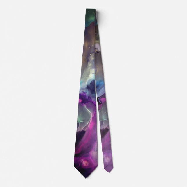 Space Nebula pink blue yellow Alcohol ink art Neck Tie (Front)
