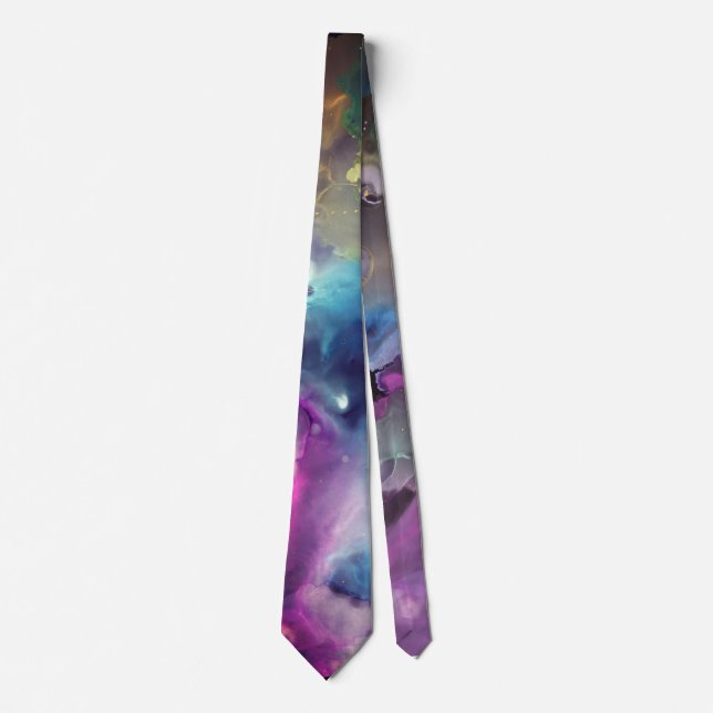 Space Nebula pink blue yellow Alcohol ink art Neck Tie (Front)