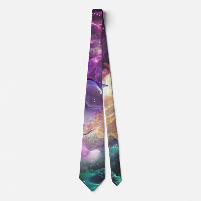 Space Nebula pink, gold green stars Alcohol ink  Neck Tie (Front)