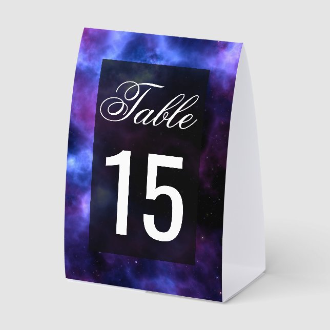 Space Nebula Purple Galaxy Wedding Table Number Paper Table Tent (Front)