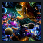 Space Nebula with Planets and Stars Poster<br><div class="desc">This poster has a colorful painting of planets with swirling glowing nebula's with stars. This art is highly detailed and would look great in a modern decor. Makes a great gift for someone that like space and astronomy.</div>