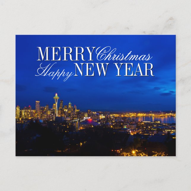Space Needle Christmas Tree, Seattle Skyline Holiday Postcard (Front)