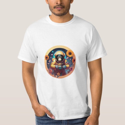Space Odyssey  Ape Astronaut with Flower Circle  T_Shirt
