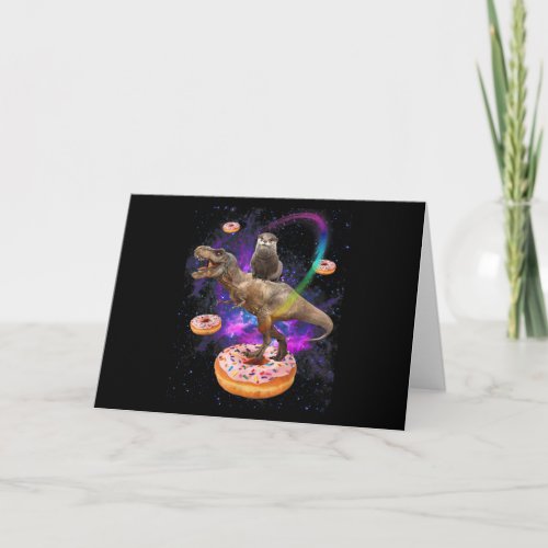Space Otter Riding Dinosaur T_Rex Donuts Card