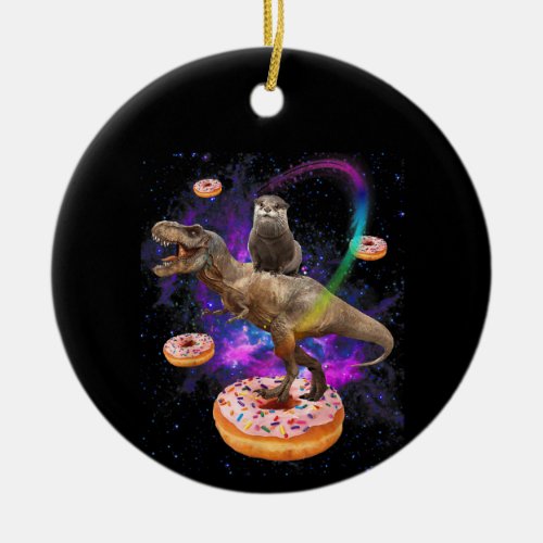 Space Otter Riding Dinosaur T_Rex Donuts Ceramic Ornament