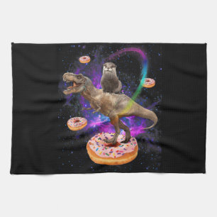 Space Otter Riding Dinosaur T-Rex Donuts Kitchen Towel