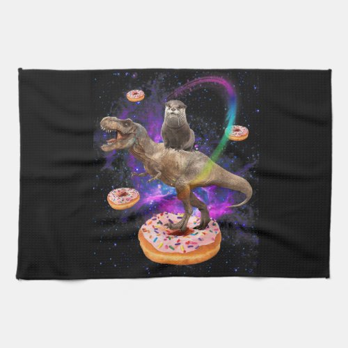 Space Otter Riding Dinosaur T_Rex Donuts Kitchen Towel