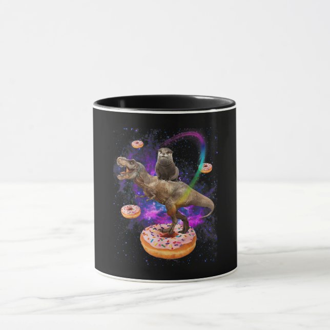 Space Otter Riding Dinosaur T-Rex Donuts Mug (Center)