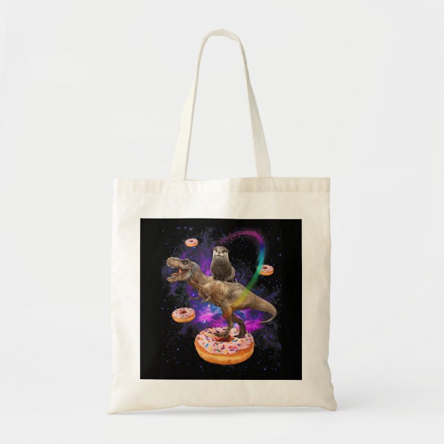 Space Otter Riding Dinosaur T-Rex Donuts Tote Bag (Front)