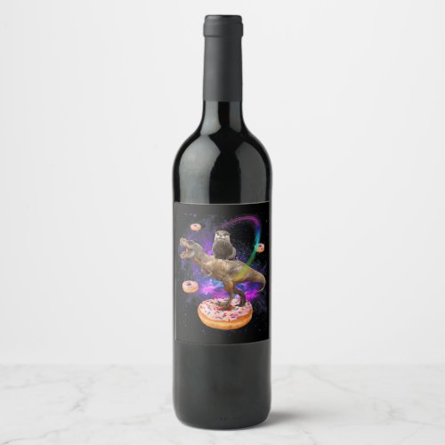 Space Otter Riding Dinosaur T_Rex Donuts Wine Label