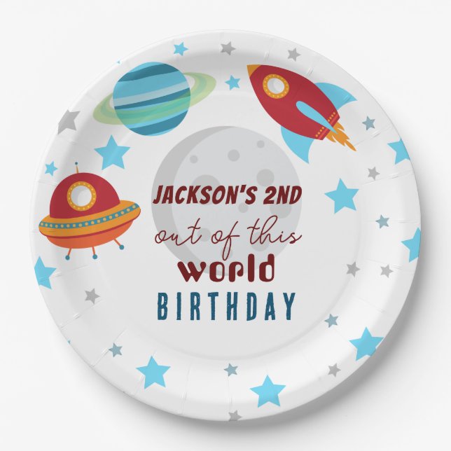 Space Out of this world 2nd Birthday  Paper Plates (Front)