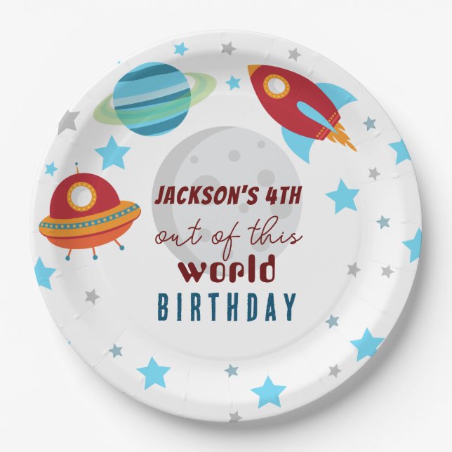 Space Out of this world 4th Birthday  Paper Plates (Front)