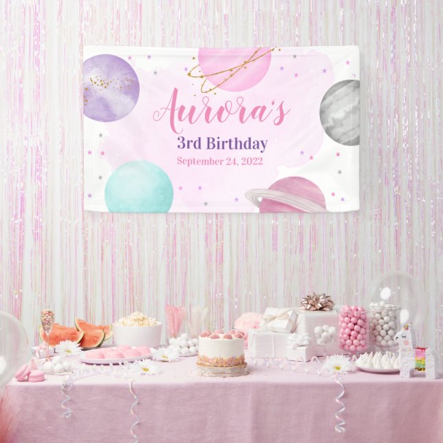 Space Outer space Planets Pink Banner Birthday (Party)