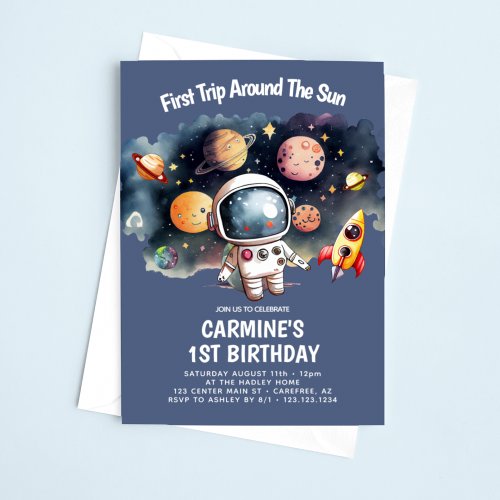 Space Party First Trip Around Sun 1st Birthday Invitation