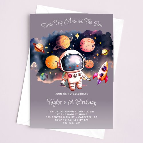 Space Party First Trip Around the Sun Purple Invitation