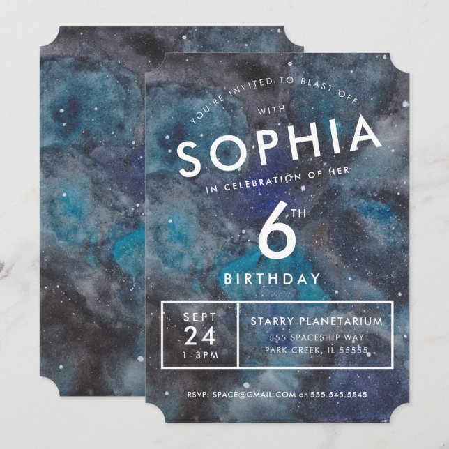 Space Party Watercolor Personalized Kids Birthday  Invitation (Front/Back)