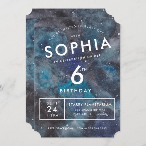 Space Party Watercolor Personalized Kids Birthday  Invitation