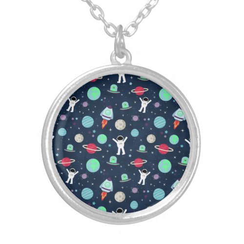 Space Pattern illustration Silver Plated Necklace