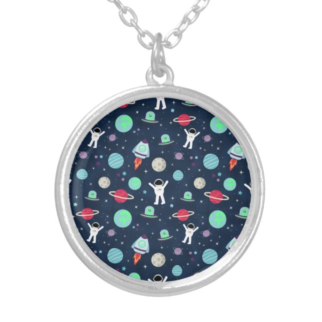 Space Pattern illustration Silver Plated Necklace (Front)