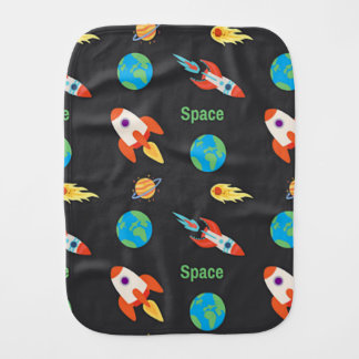 Space pattern on black baby burp cloth
