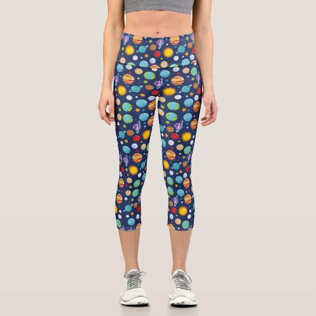 Space Pattern, Planets, Stars, Cosmos, Galaxy Capri Leggings (Front)