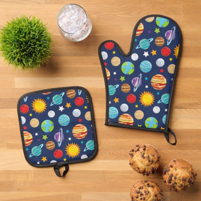 Space Pattern, Planets, Stars, Cosmos, Galaxy Oven Mitt & Pot Holder Set (Top Down)