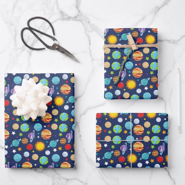Space Pattern, Planets, Stars, Cosmos, Galaxy Wrapping Paper Sheets (Front)