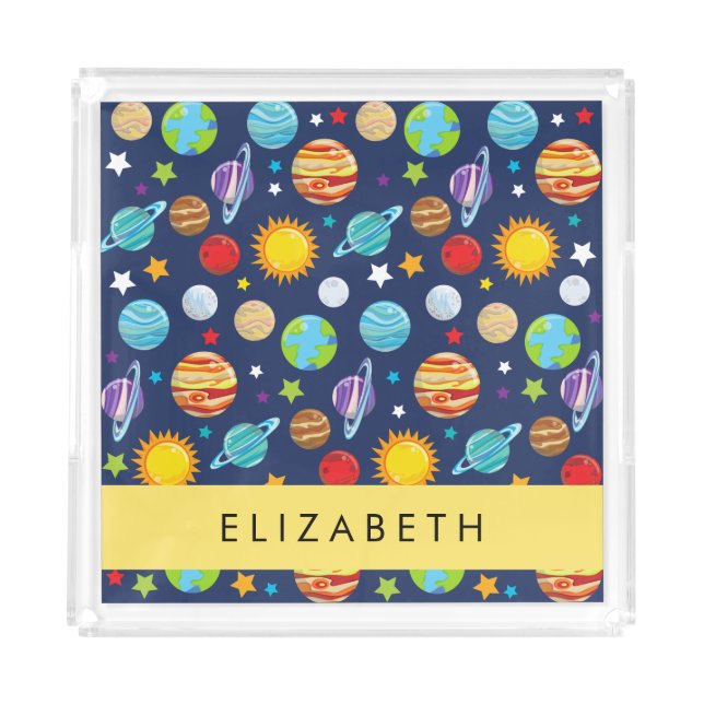 Space Pattern, Planets, Stars, Cosmos, Your Name Acrylic Tray (Front)