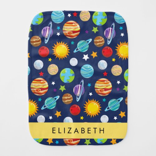 Space Pattern Planets Stars Cosmos Your Name Baby Burp Cloth