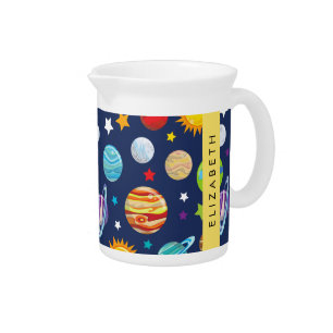 Space Pattern, Planets, Stars, Cosmos, Your Name Beverage Pitcher