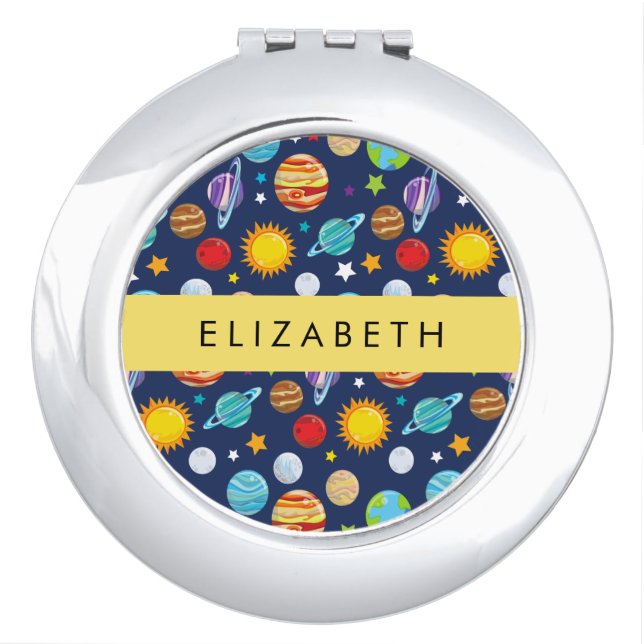 Space Pattern, Planets, Stars, Cosmos, Your Name Compact Mirror (Front)