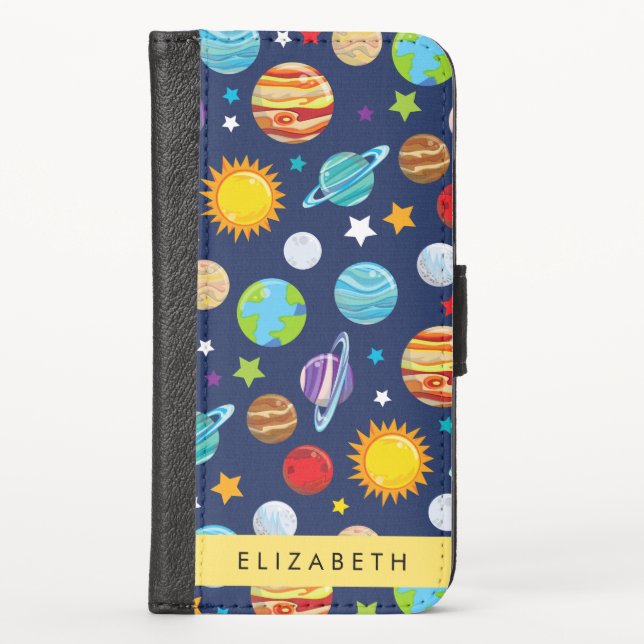 Space Pattern, Planets, Stars, Cosmos, Your Name iPhone Wallet Case (Front)