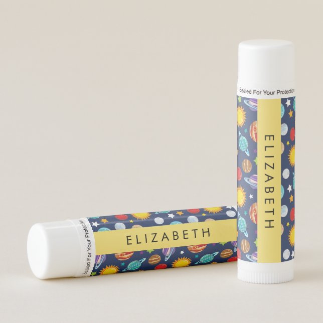 Space Pattern, Planets, Stars, Cosmos, Your Name Lip Balm (Front)