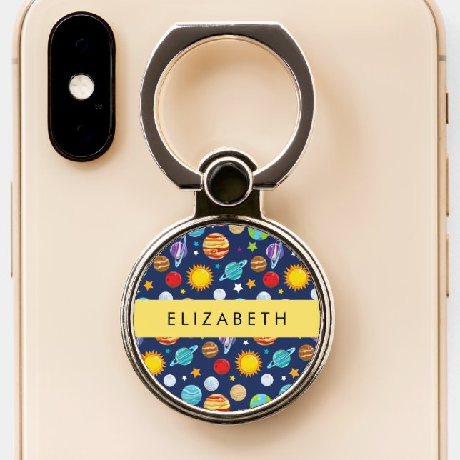 Space Pattern, Planets, Stars, Cosmos, Your Name Phone Ring Stand (Close Up)