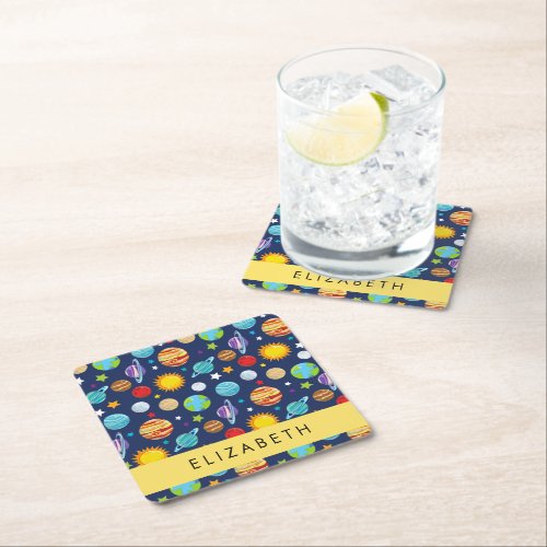 Space Pattern Planets Stars Cosmos Your Name Square Paper Coaster