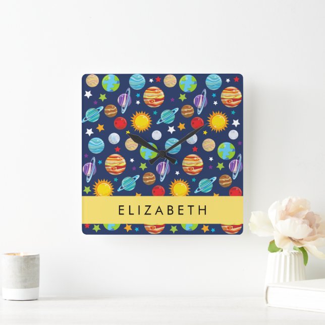 Space Pattern, Planets, Stars, Cosmos, Your Name Square Wall Clock (Home)