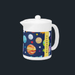Space Pattern, Planets, Stars, Cosmos, Your Name Teapot<br><div class="desc">Cute,  fun and adorable pattern with planets (Sun,  Mercury,  Venus,  Earth,  Mars,  Jupiter,  Saturn,  Uranus,  Neptune,  Pluto). Modern and trendy gift,  perfect for the space lover in your life. Personalize by adding your name,  nickname,  monogram or initials.</div>