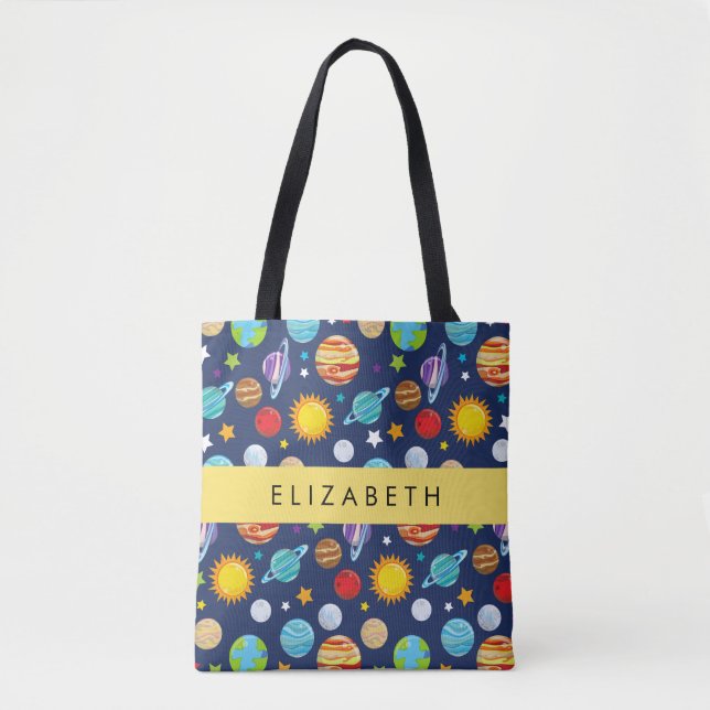 Space Pattern, Planets, Stars, Cosmos, Your Name Tote Bag (Front)
