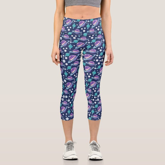 Space Pattern, Planets, Stars, Galaxy, Cosmos Capri Leggings (Front)